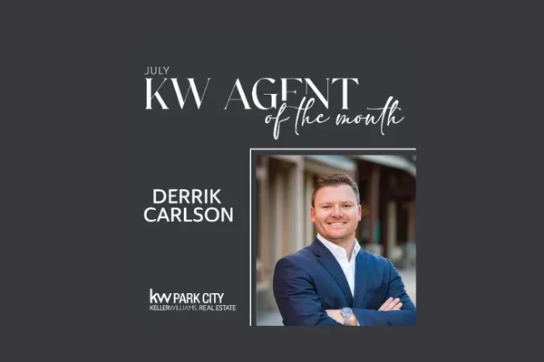 Derrik Carlson in a navy suit beside text naming him July KW Agent of the Month for KW Park City Keller Williams Real Estate.