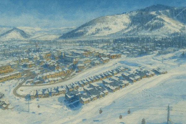 Aerial view of multiple ski-in ski-out condo communities in Park City and Deer Valley Utah with direct resort and lift access