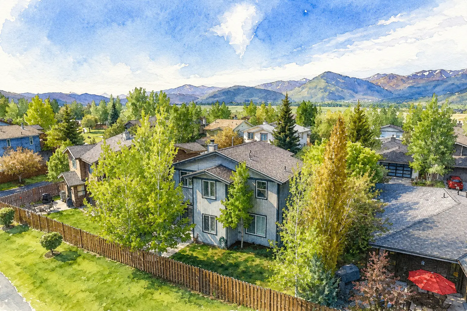 Watercolor illustration of 1080 Old Stone House Way in Blackhawk Station, Park City
