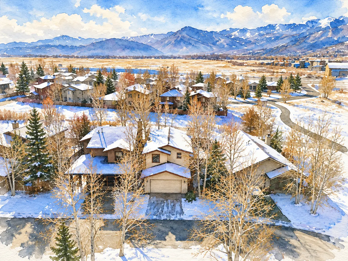 Watercolor illustration of 1141 Station Loop Road in Blackhawk Station, Park City