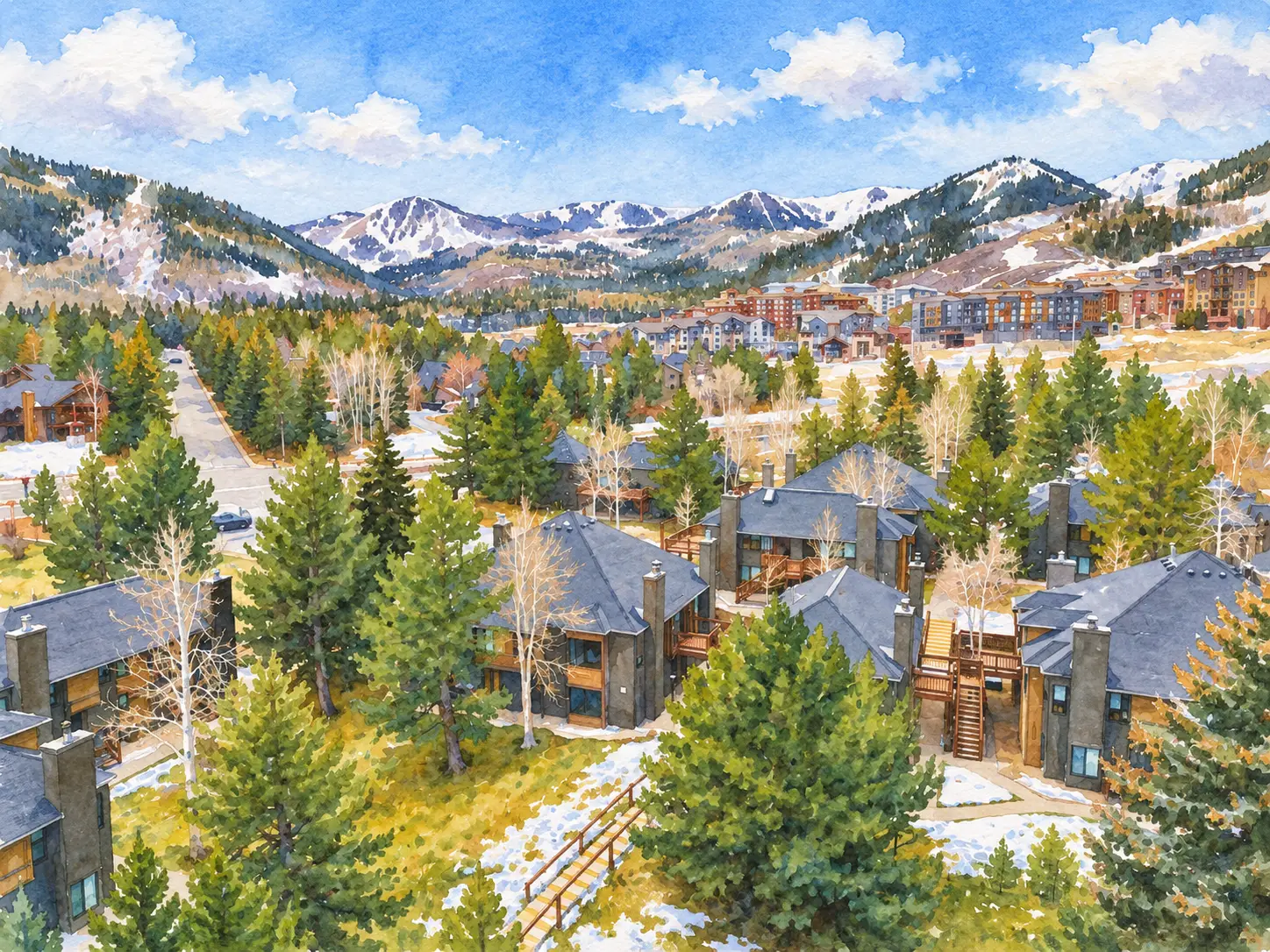 Watercolor illustration of Hidden Creek condominiums on Canyons Resort Drive near Canyons Village