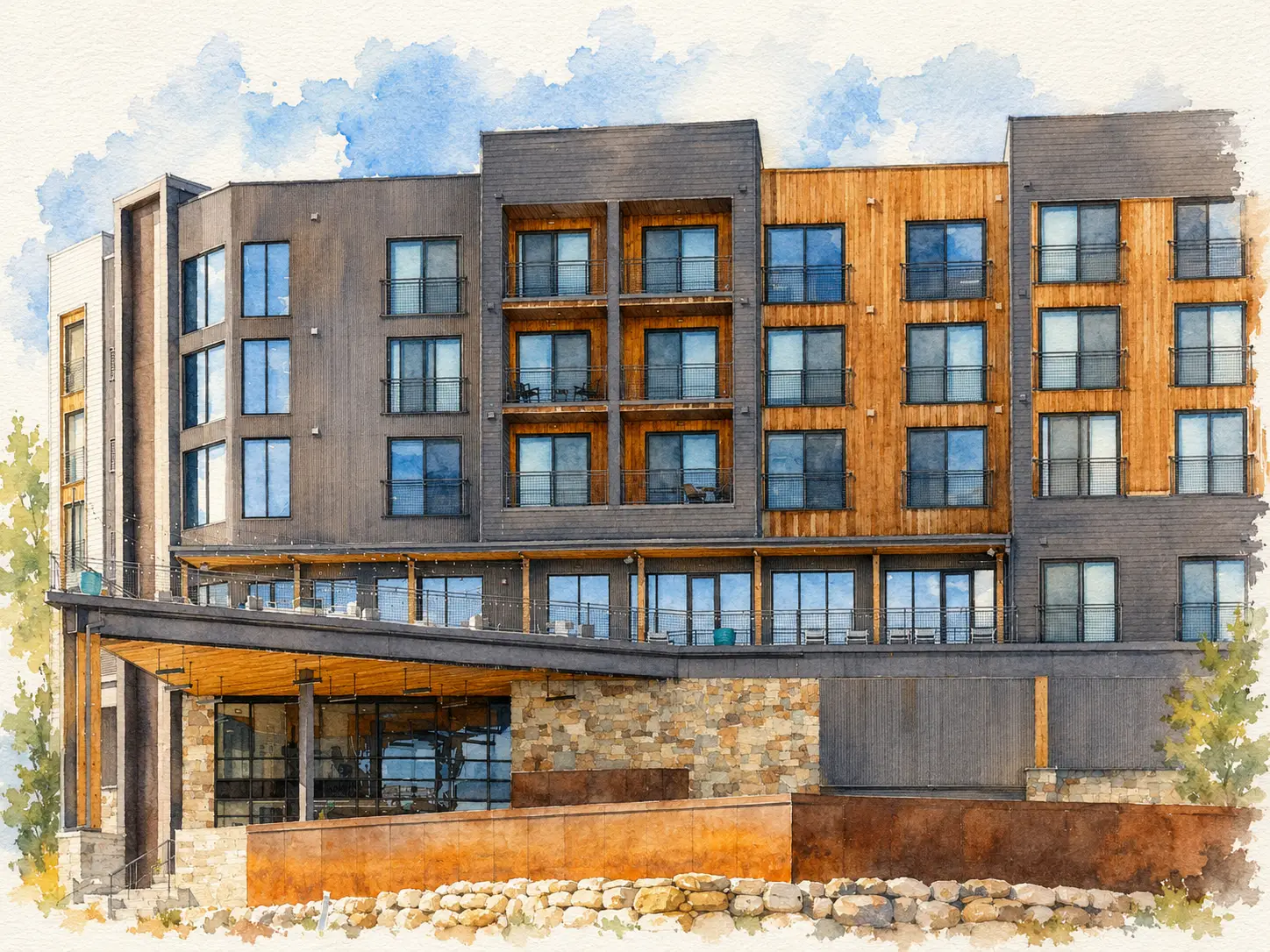 Watercolor illustration of the YOTELPAD building in Canyons Village, Park City