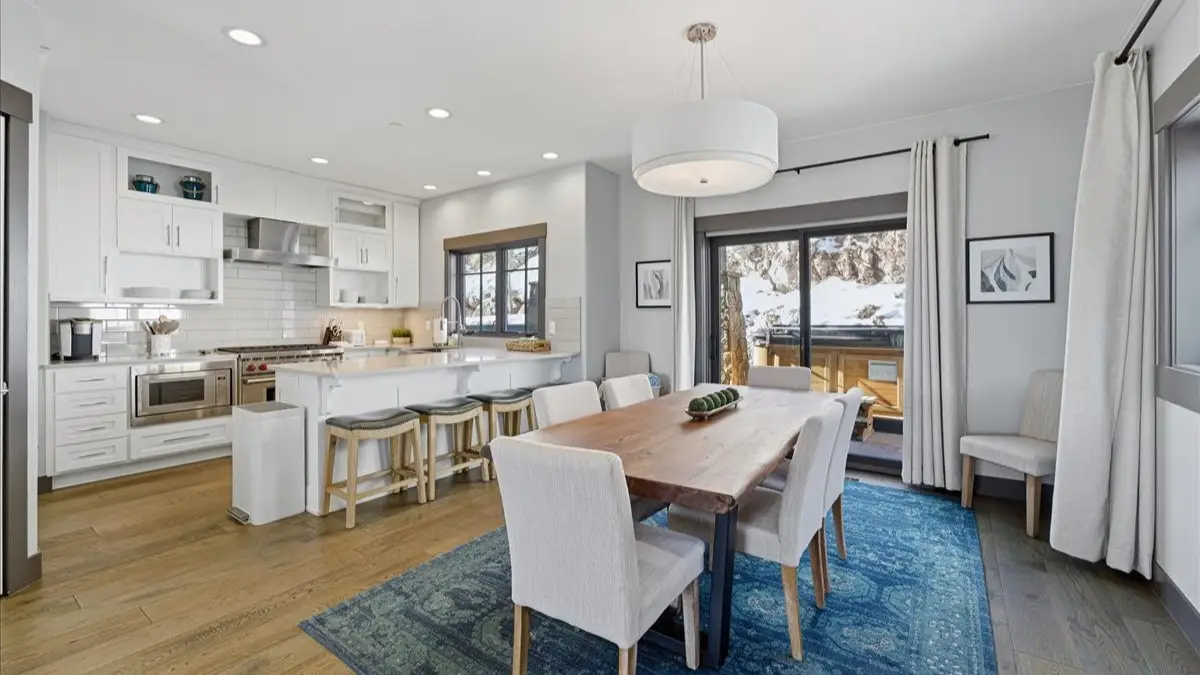 Open kitchen and dining area in a Canyons Village condo with mountain views, Park City Utah