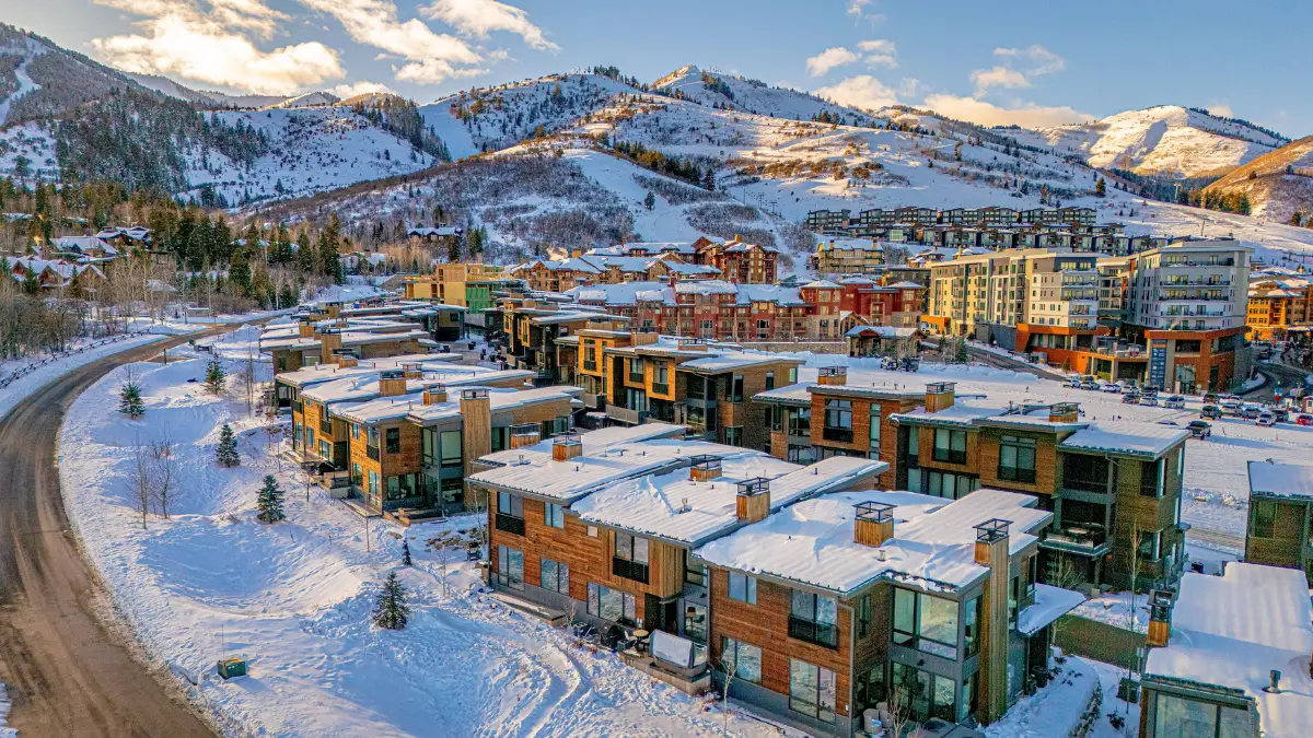 Aerial view of ski-in/ski-out townhomes at Canyons Village with Park City Mountain Resort slopes above