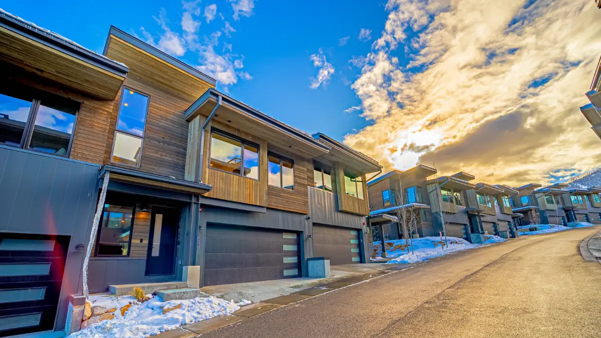 Ski-in/ski-out townhomes at Canyons Village in winter, Park City Mountain Resort, Utah