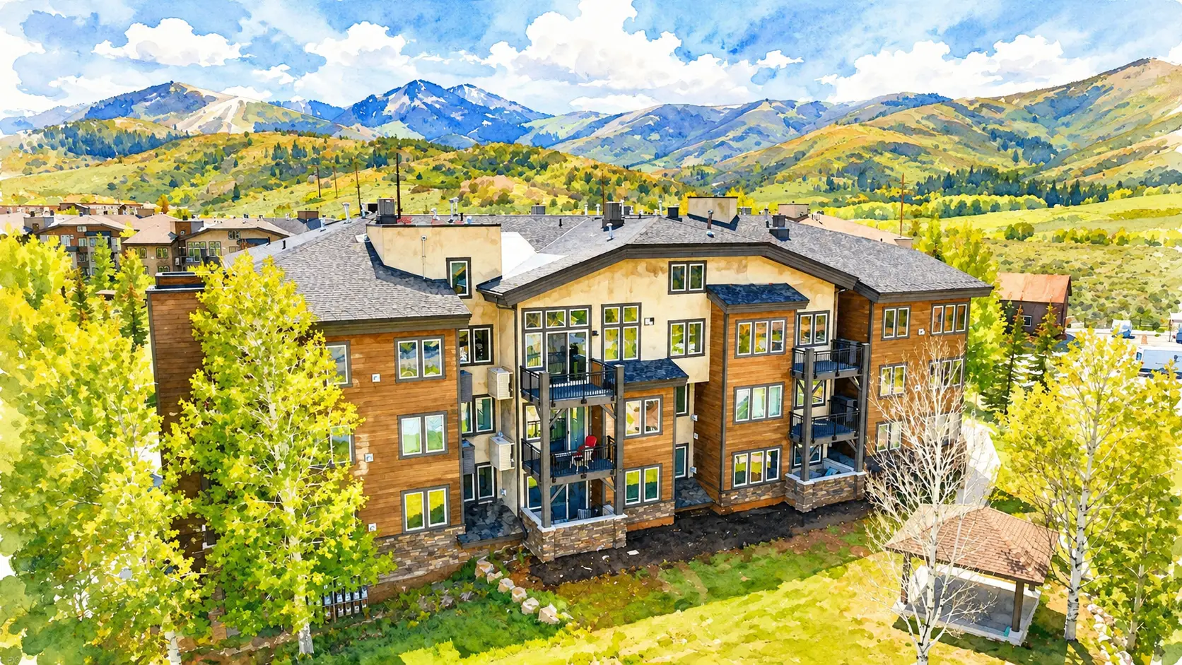 Watercolor illustration of Crestview condominiums near Kimball Junction, Park City