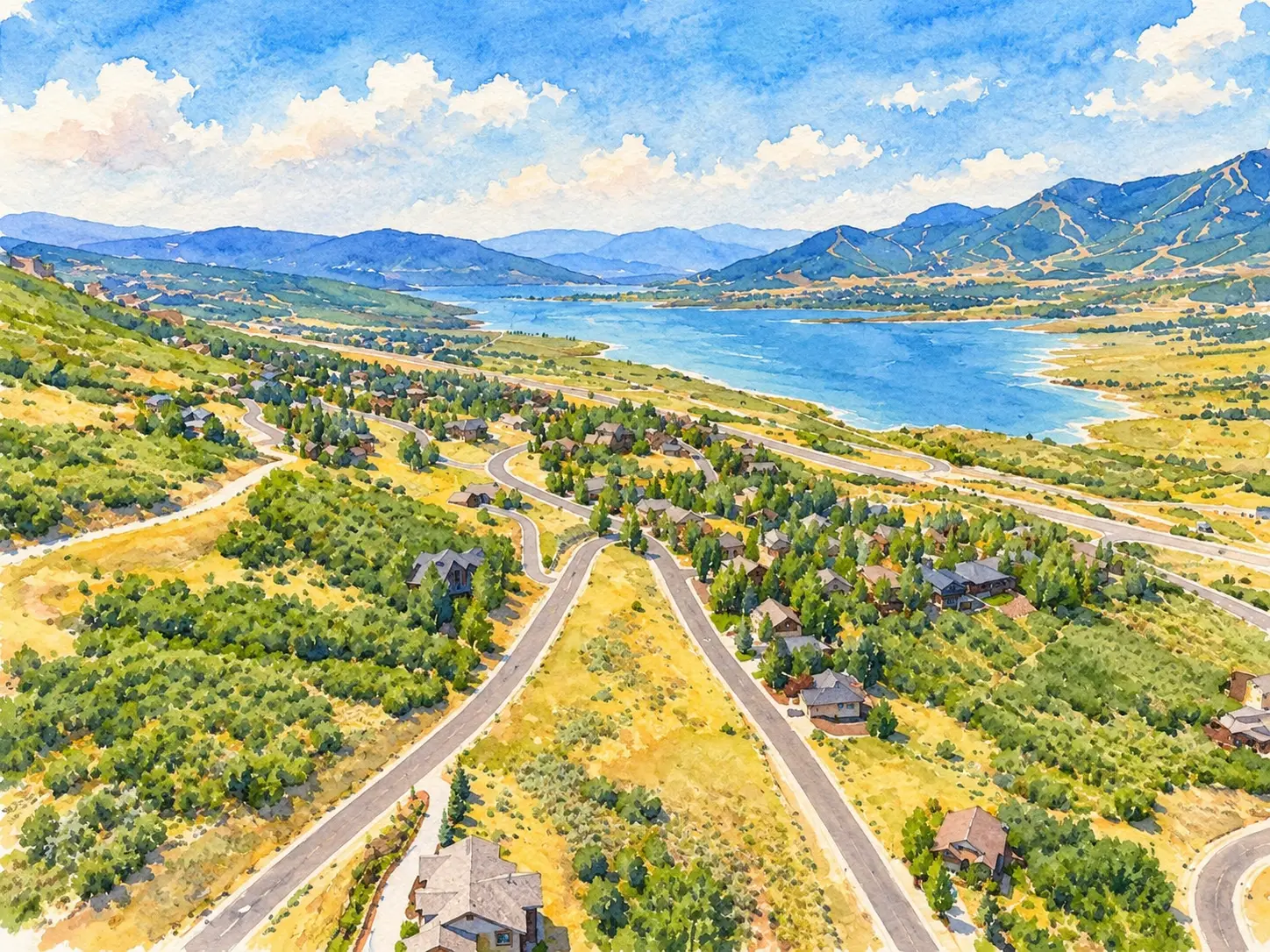 Watercolor illustration of the Slalom Run Way homesite overlooking Jordanelle Reservoir