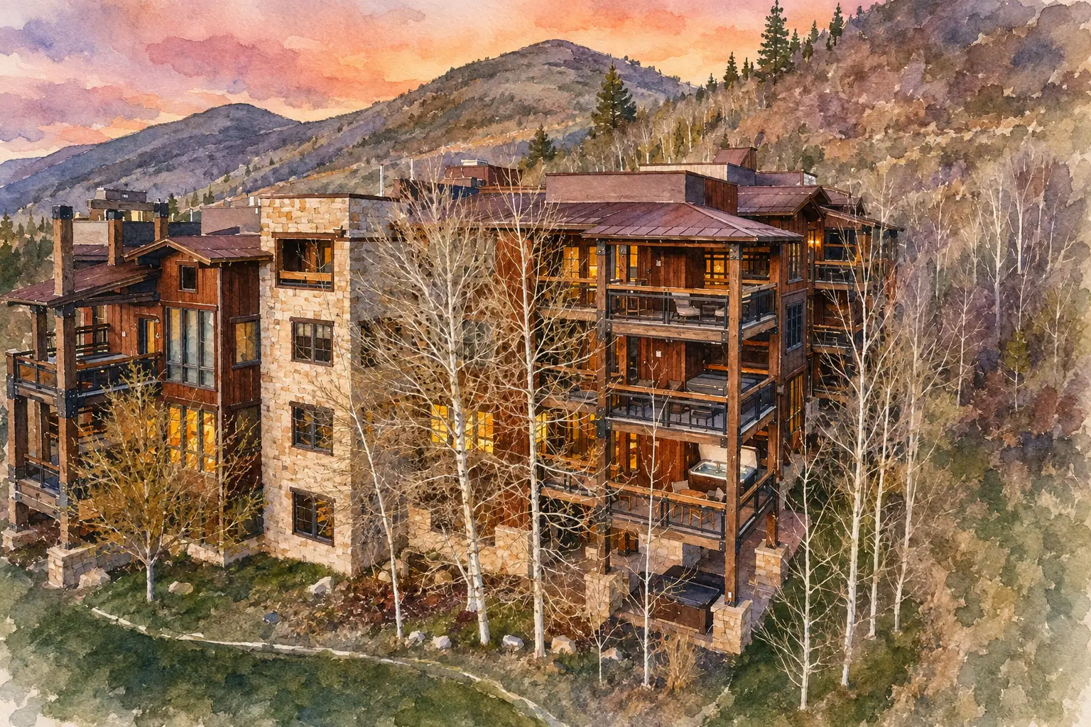 Watercolor illustration of Silver Baron Lodge in Lower Deer Valley