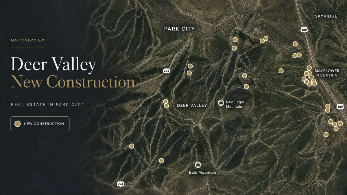 Map of Deer Valley new construction areas showing Empire Pass, Deer Crest, Upper Deer Valley, Lower Deer Valley, and the Deer Valley Expansion corridor