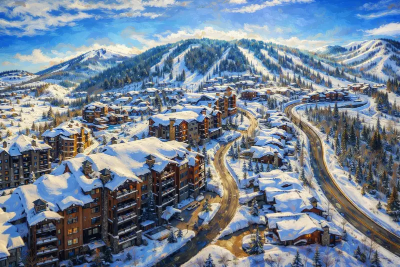 Panoramic winter view of Deer Valley ski resort in Park City Utah with snow covered luxury condos and groomed ski runs