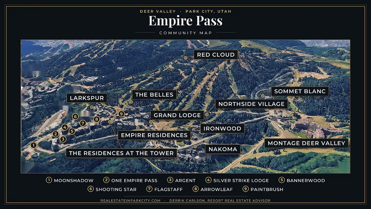 Map of Empire Pass at Deer Valley Resort showing all 20 residential communities, Park City, Utah
