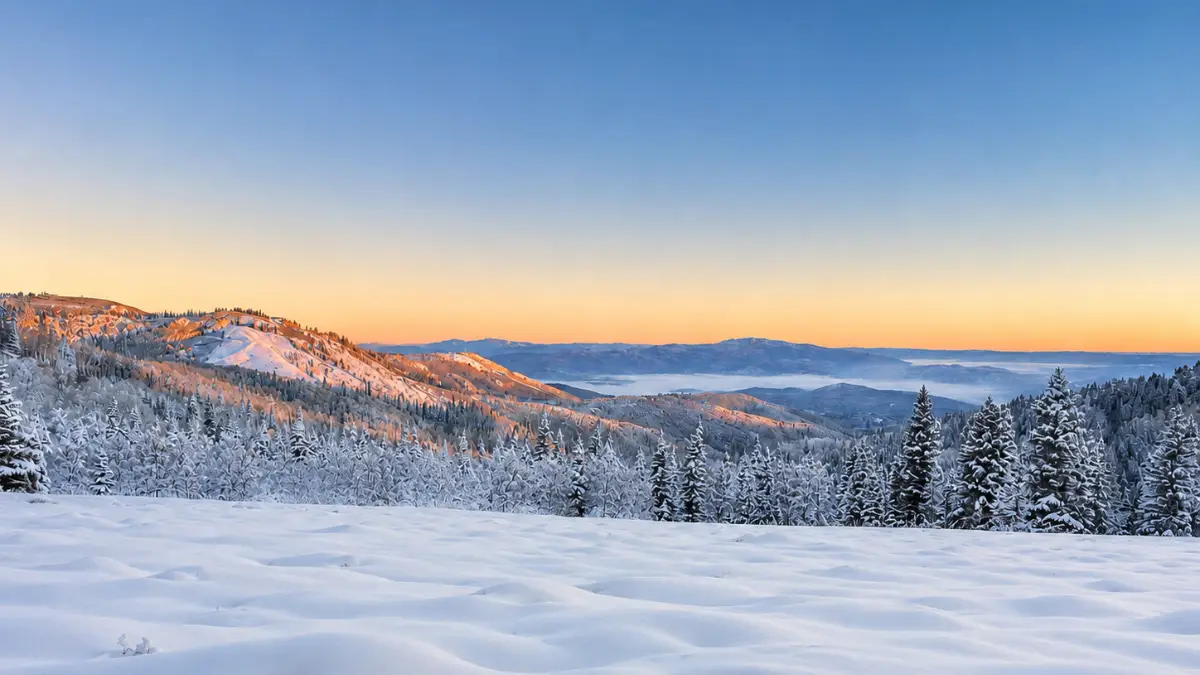 Winter sunrise over Empire Pass at Deer Valley Resort, Park City, Utah