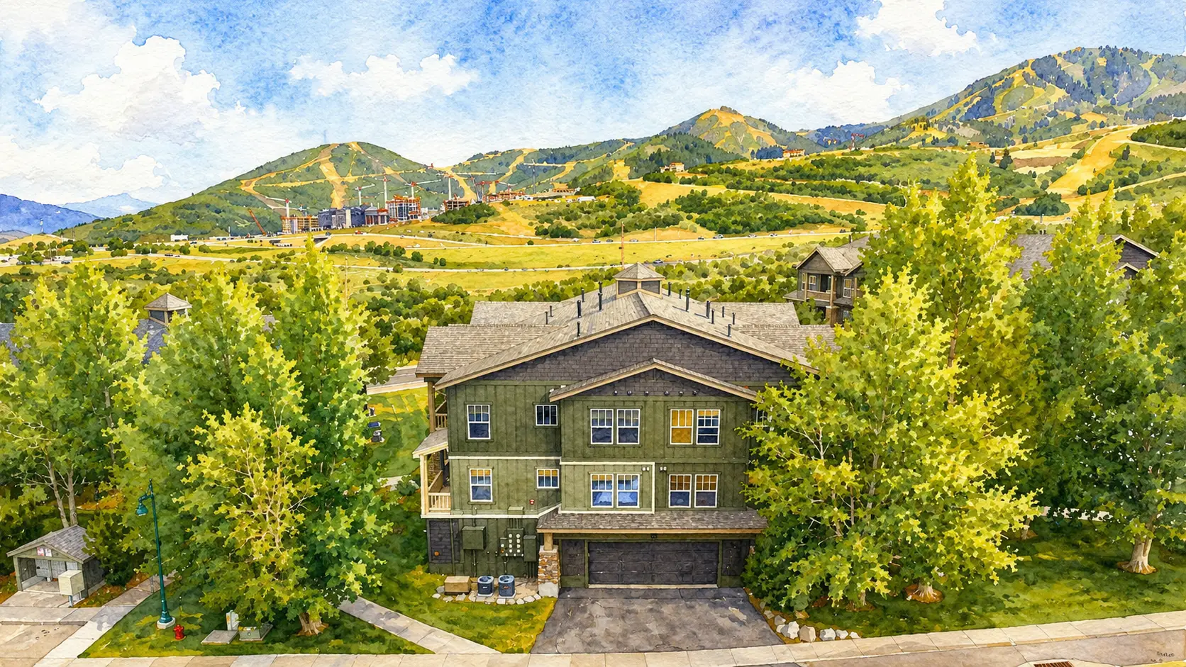 Watercolor illustration of Fox Bay condominiums in the Jordanelle area