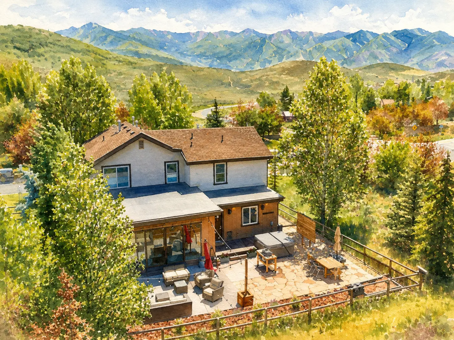 Watercolor illustration of the home at 1073 E Foxcrest Drive in Park City