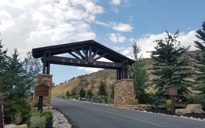 Glenwild gated entrance on Glenwild Drive in Park City, Utah, a 24/7 staffed private golf community