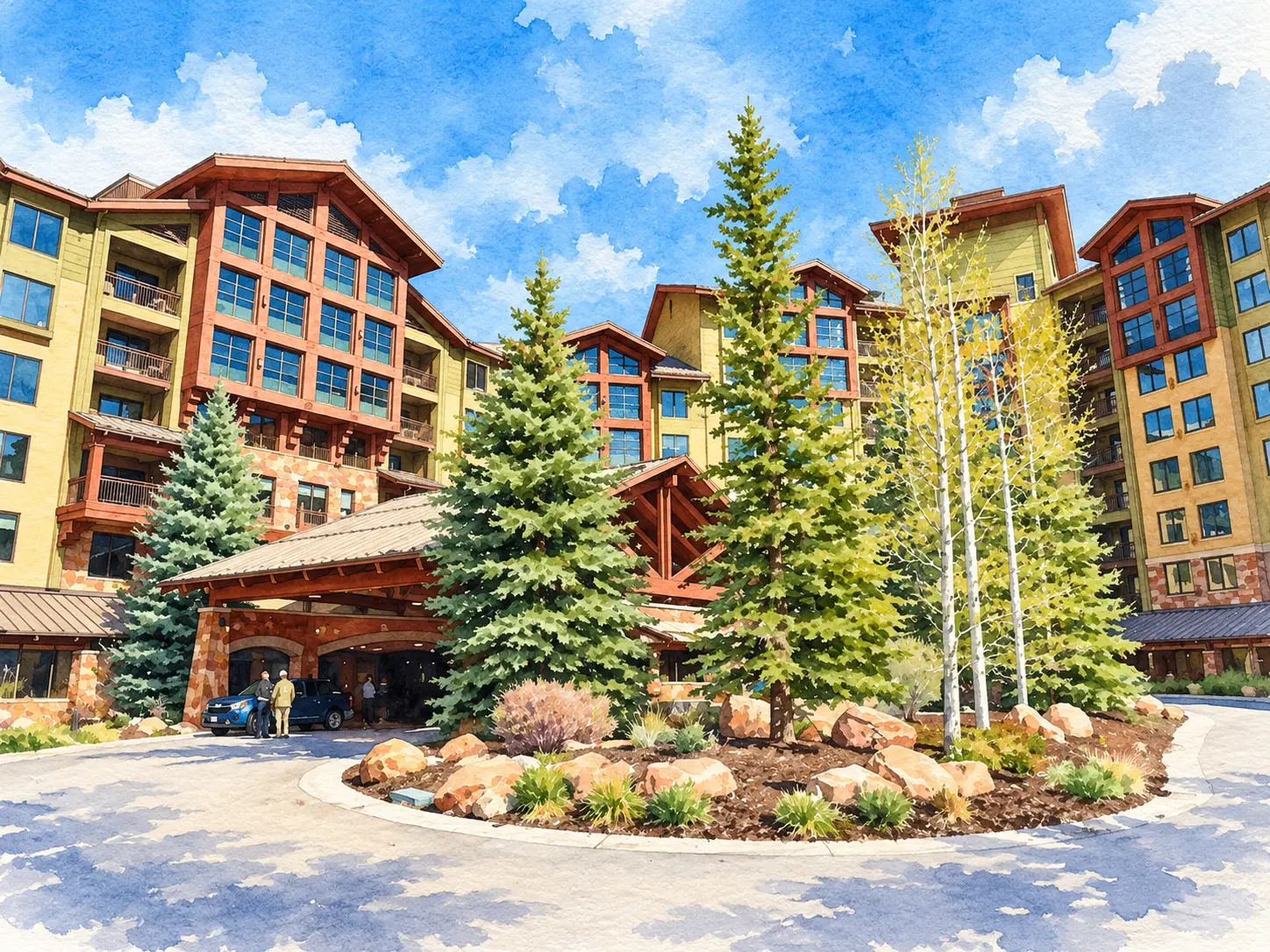 Watercolor illustration of the Grand Summit Hotel at Canyons Village
