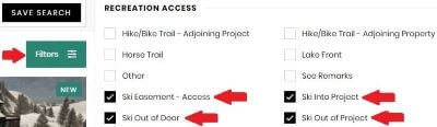 Screenshot showing how to search for ski-in/ski-out properties in Park City, Utah.