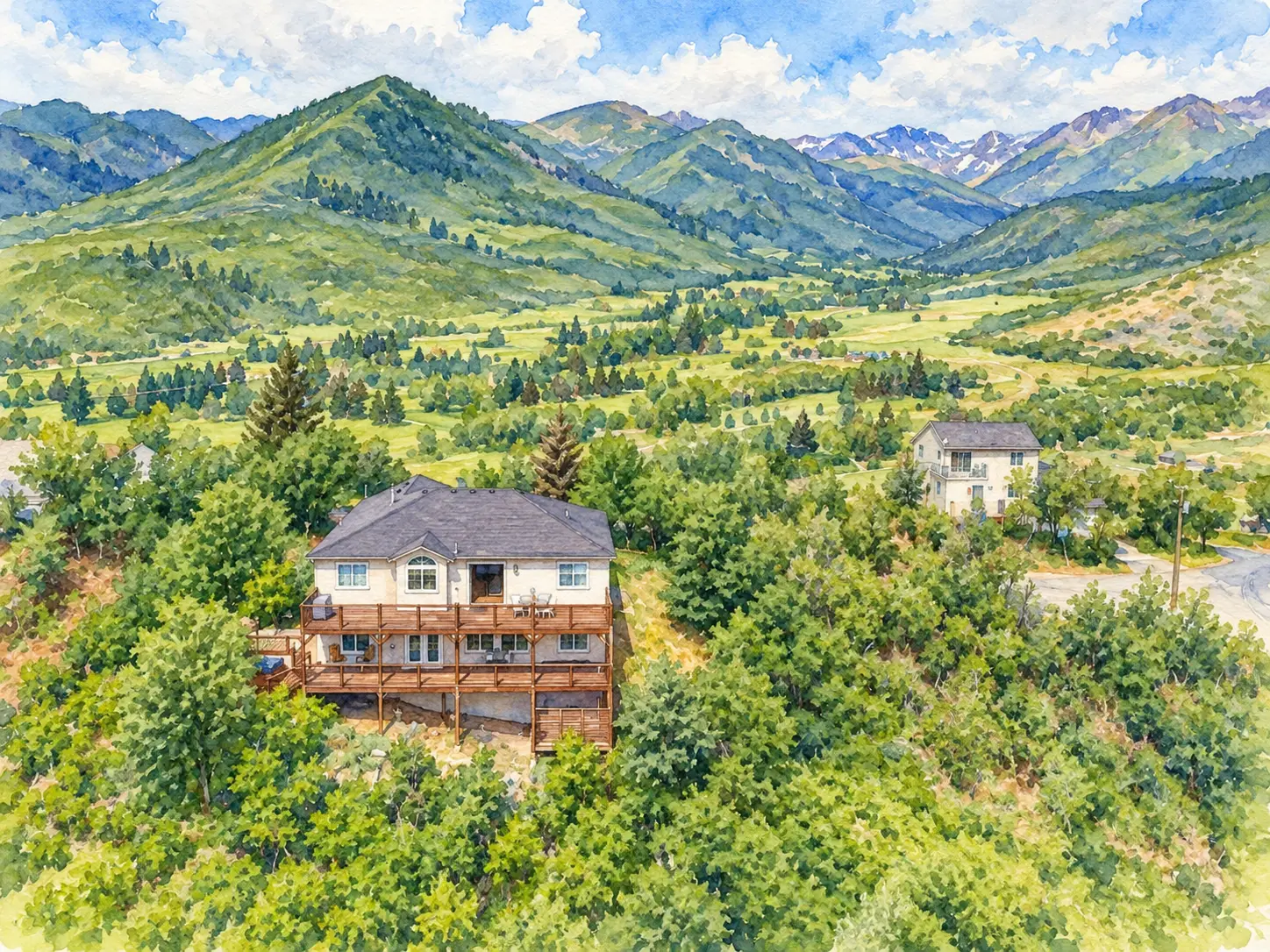 Watercolor illustration of 391 Bern Way overlooking Midway and the Heber Valley
