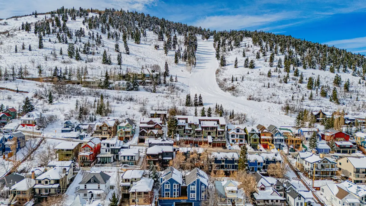 Aerial view of Old Town Park City, Utah showing investment properties and ski run above the neighborhood