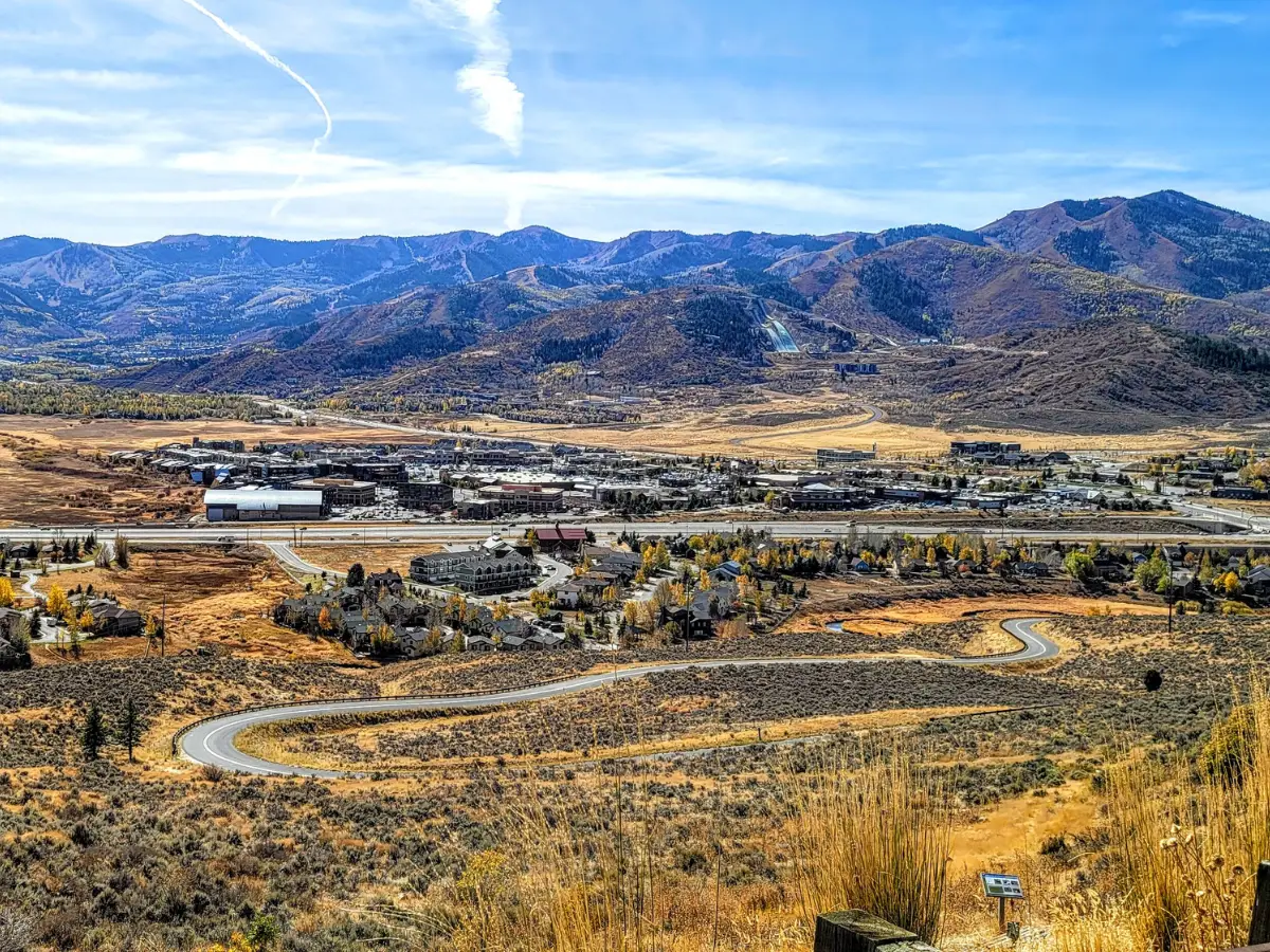 Kimball Junction neighborhood in Park City, Utah, showing the Redstone commercial district, Swaner Preserve open space, and proximity to I-80 and Canyons Village