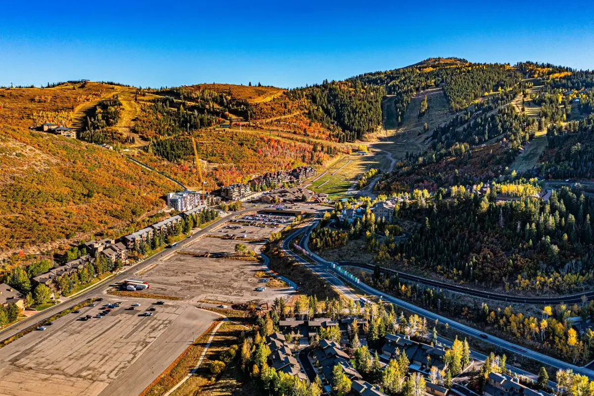 Aerial view of Lower Deer Valley base area near Snow Park in Park City, Utah