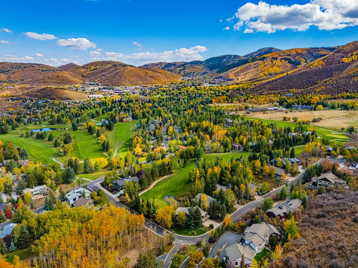 Aerial view of Park City and Deer Valley, Utah, showing luxury real estate communities across the Wasatch Mountains and Summit County