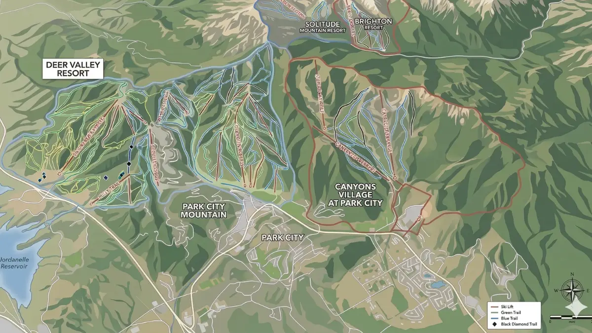 Map showing Park City ski-home areas in Deer Valley, Old Town, Canyons Village, and the Deer Valley Expansion