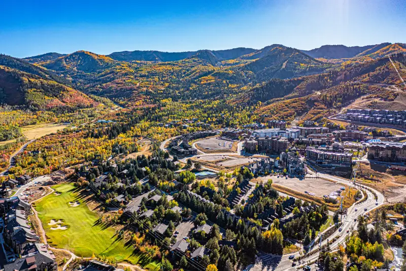 Aerial view of Park City Utah golf community and luxury real estate