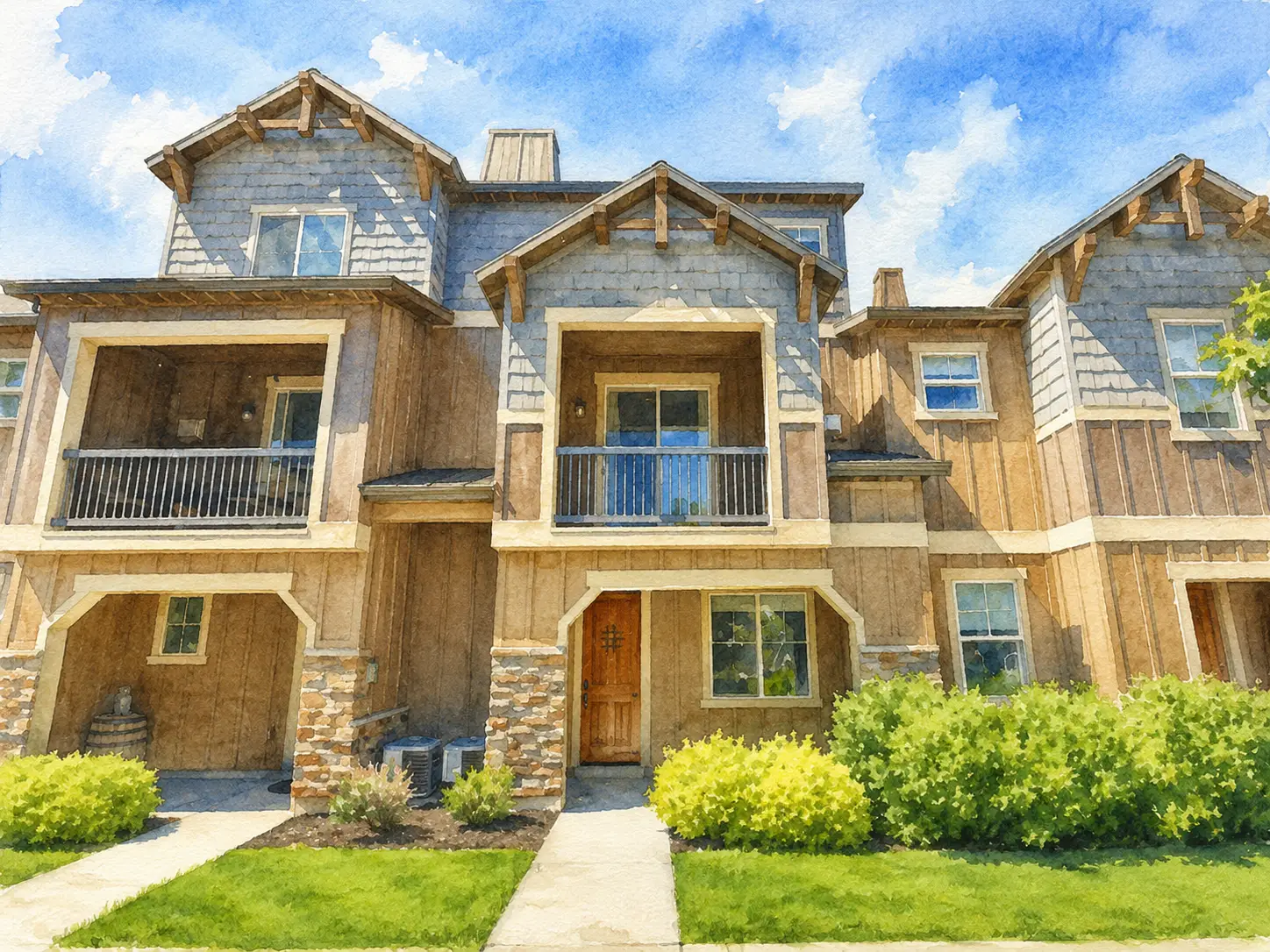 Watercolor illustration of the townhome at 13592 N Hillclimb Lane in the Jordanelle area