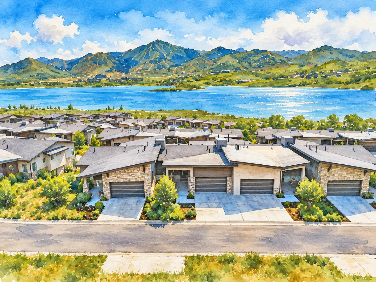 Watercolor illustration of 11517 N Perspective Drive in Hideout with Jordanelle views