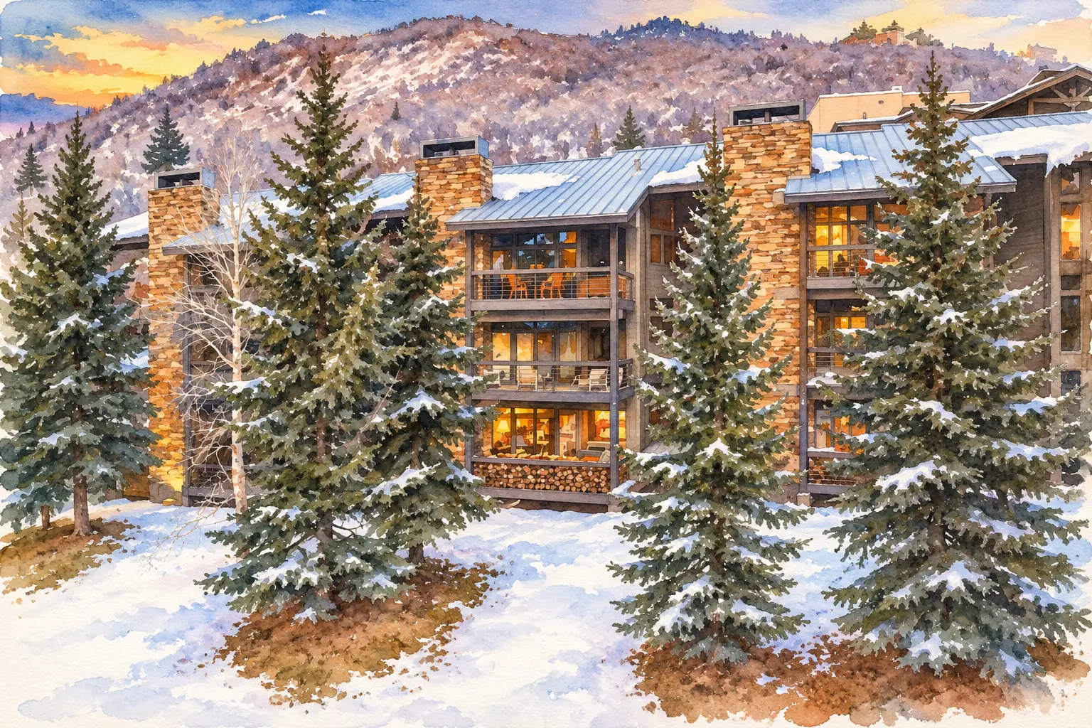 Watercolor illustration of Powder Run condominiums near Snow Park in Deer Valley
