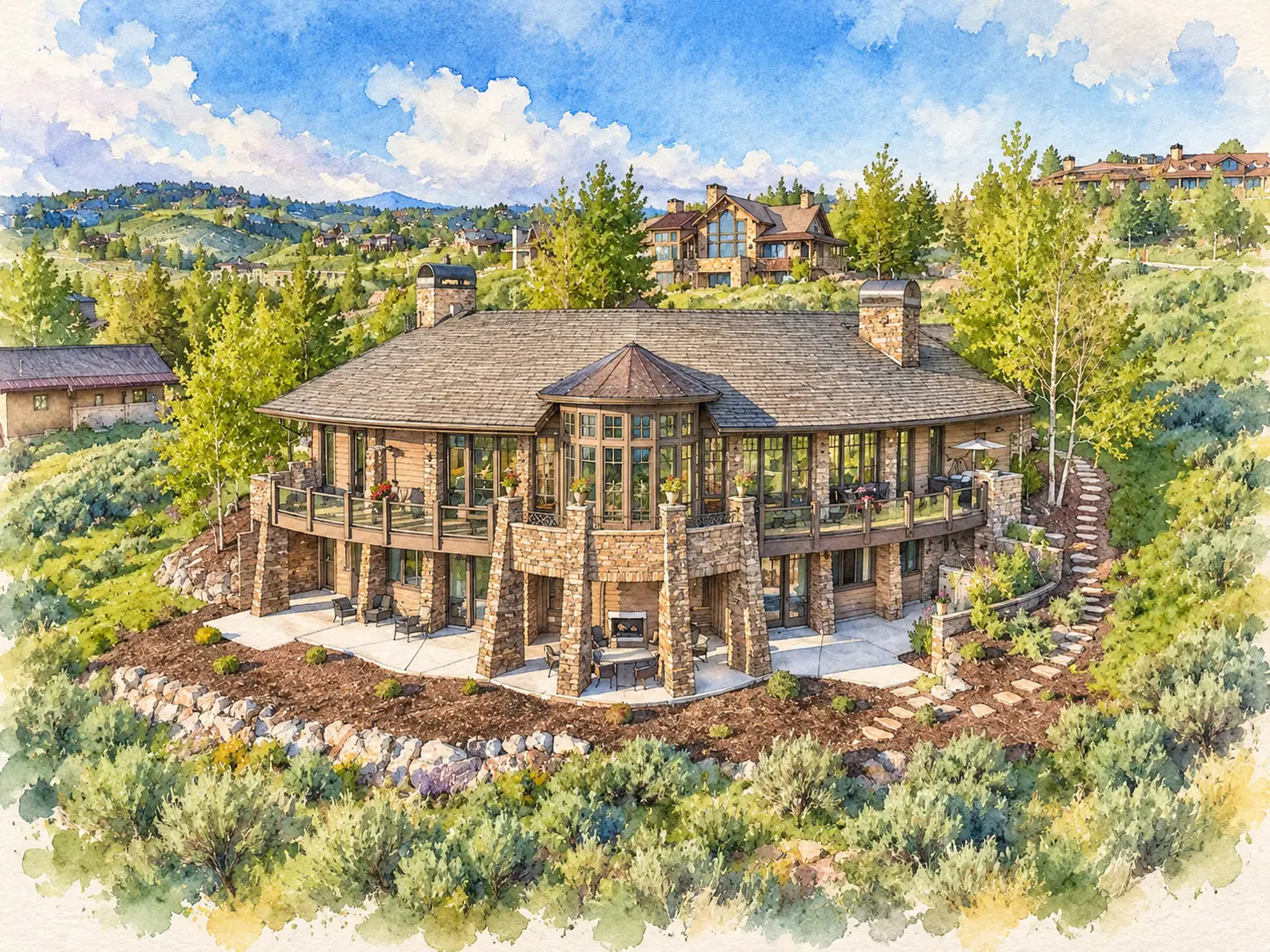 Watercolor illustration of the Promontory home at 7185 N Sage Meadow Road