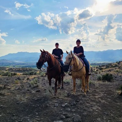Holly Carlson horseback riding at Red Ledges near Park City, Utah showcasing equestrian lifestyle and mountain views