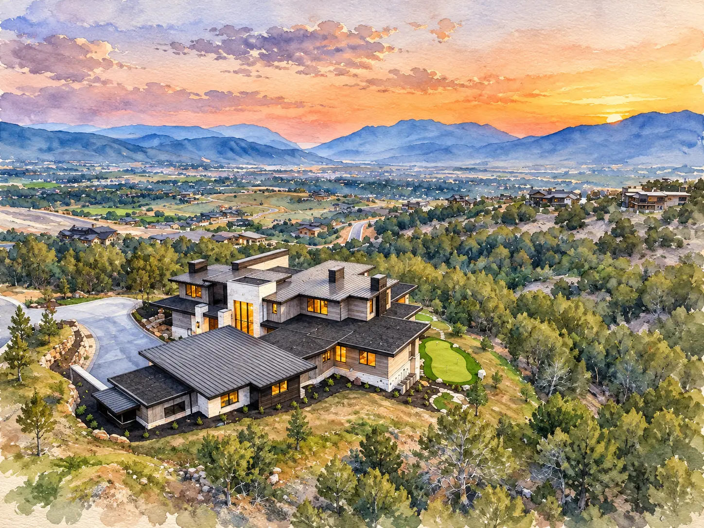 Watercolor illustration of the Red Ledges home at 1545 N Red Castle Circle