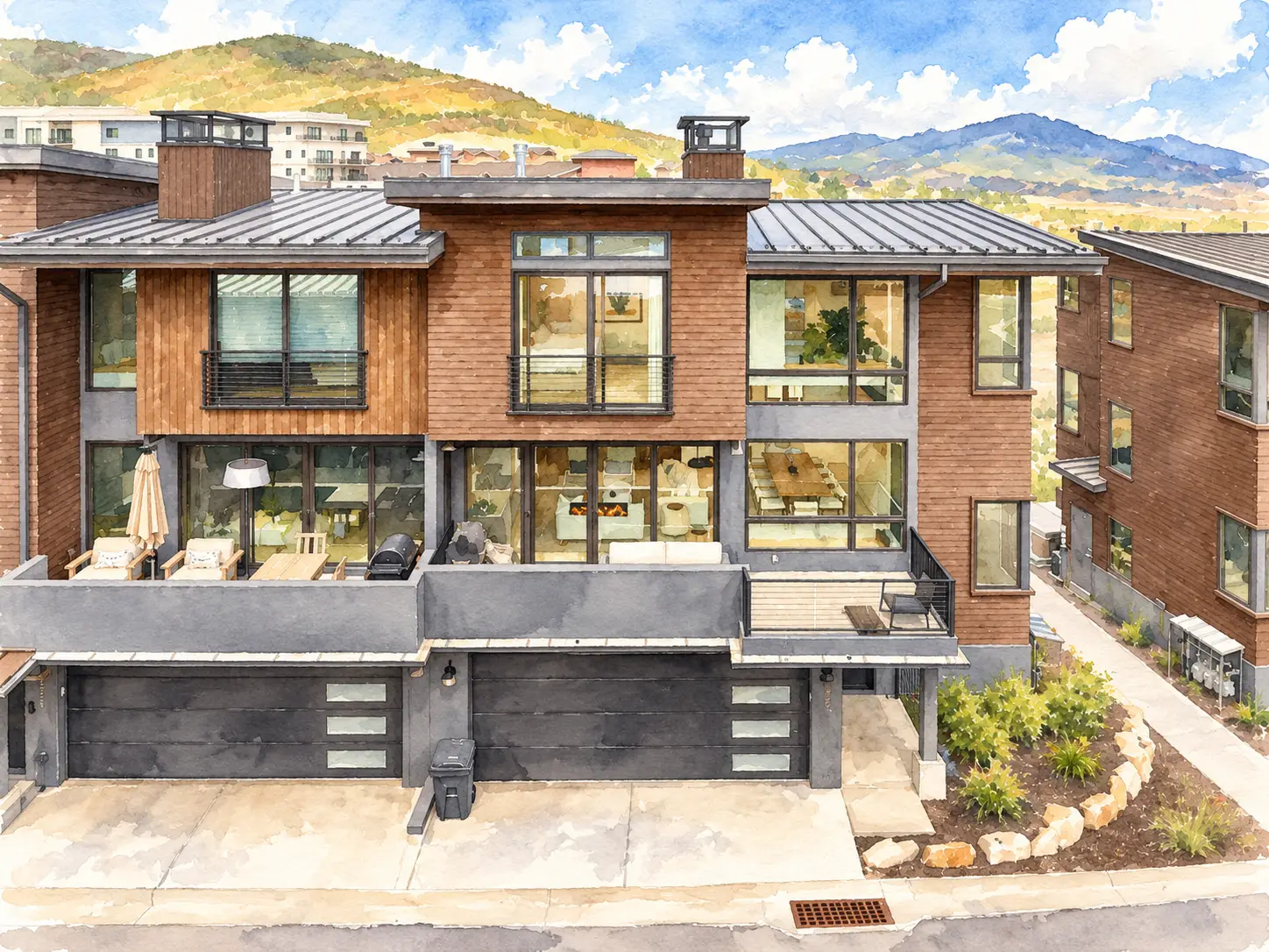 Watercolor view of a townhome at The Ridge at Canyons Village