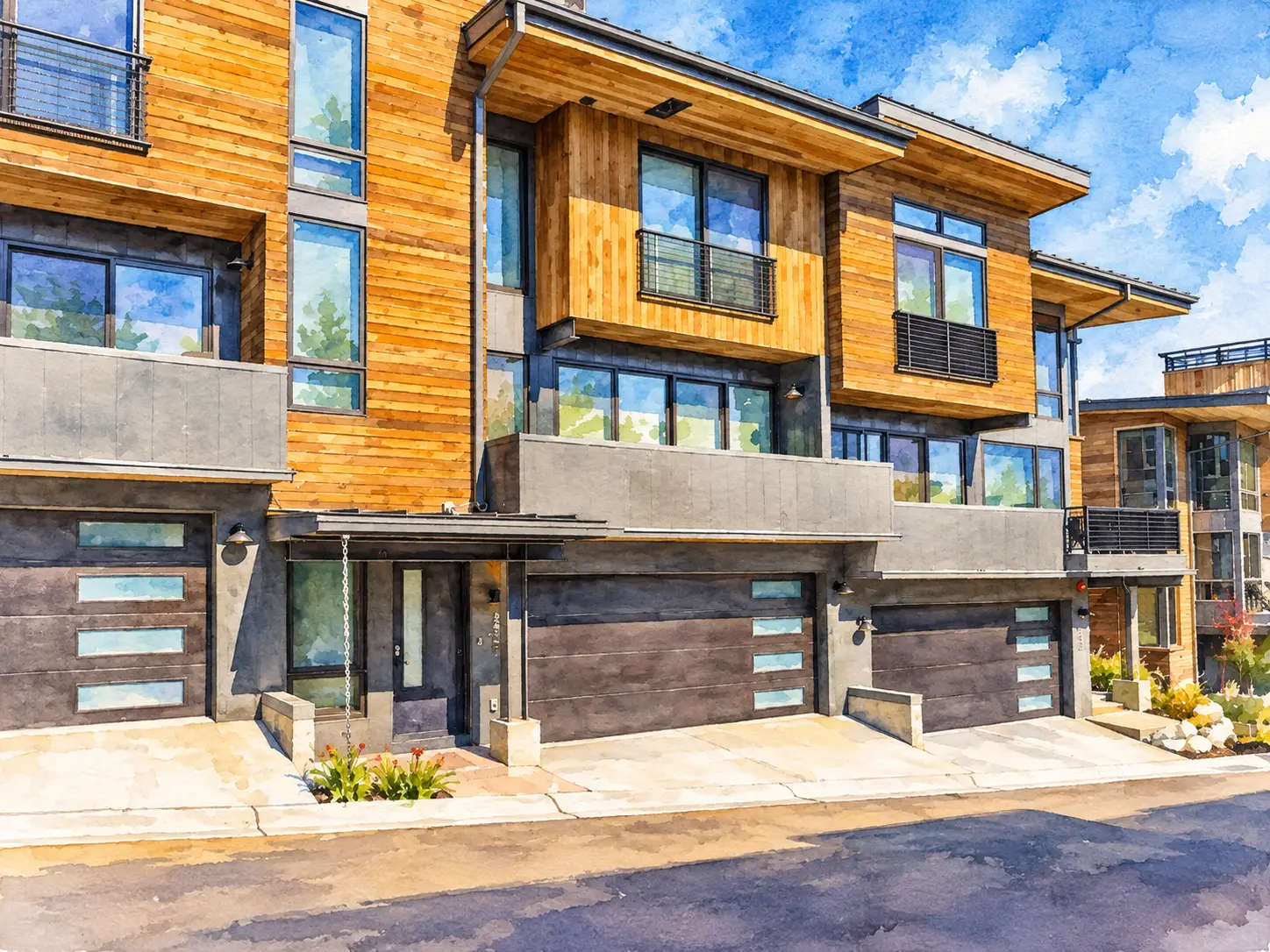 Watercolor exterior view of The Ridge at Canyons Village townhomes