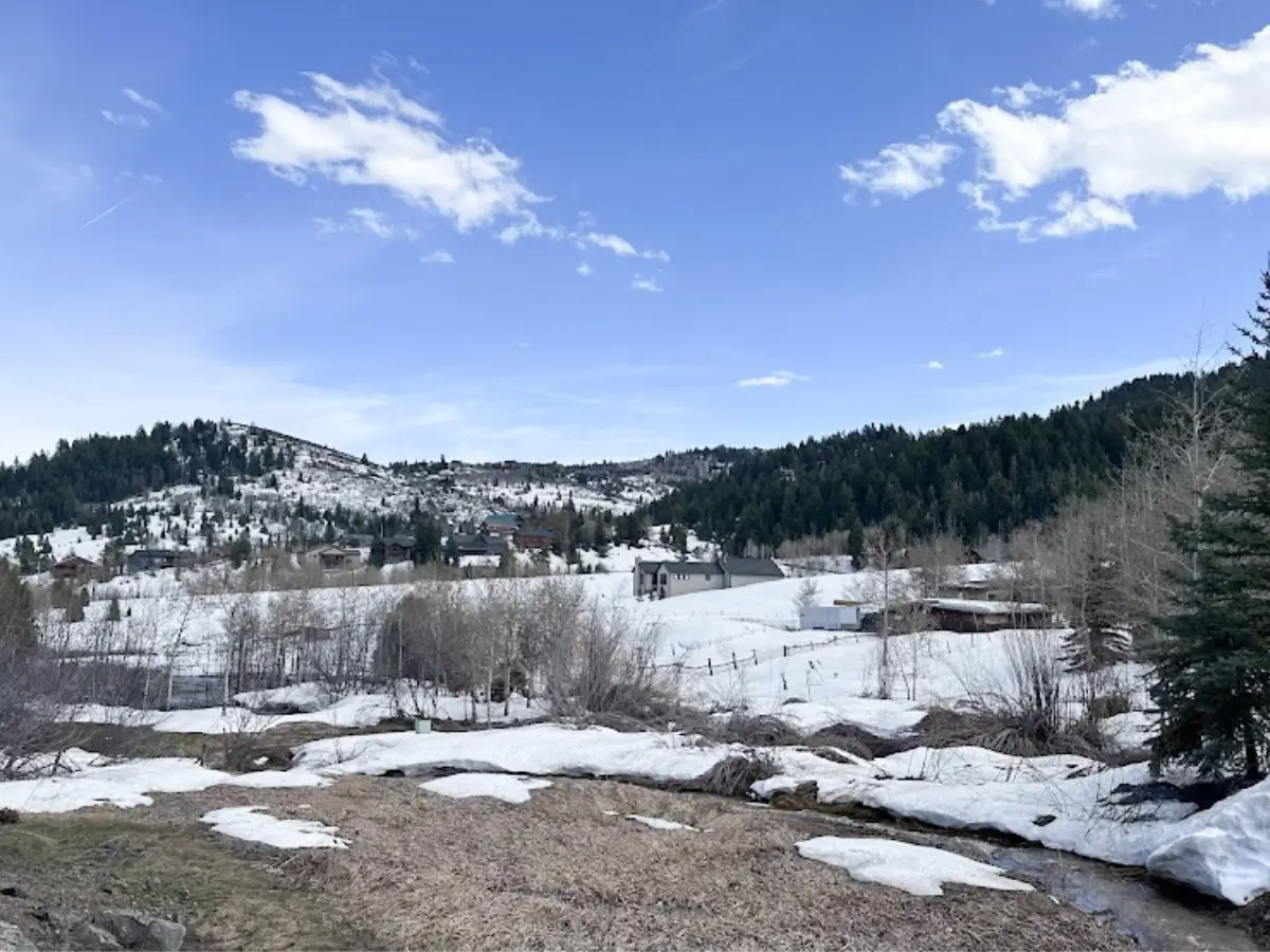 Summit Park neighborhood in Park City, Utah, showing forested mountain terrain, single-family homes on wooded lots, and the Wasatch Range backdrop along the I-80 corridor