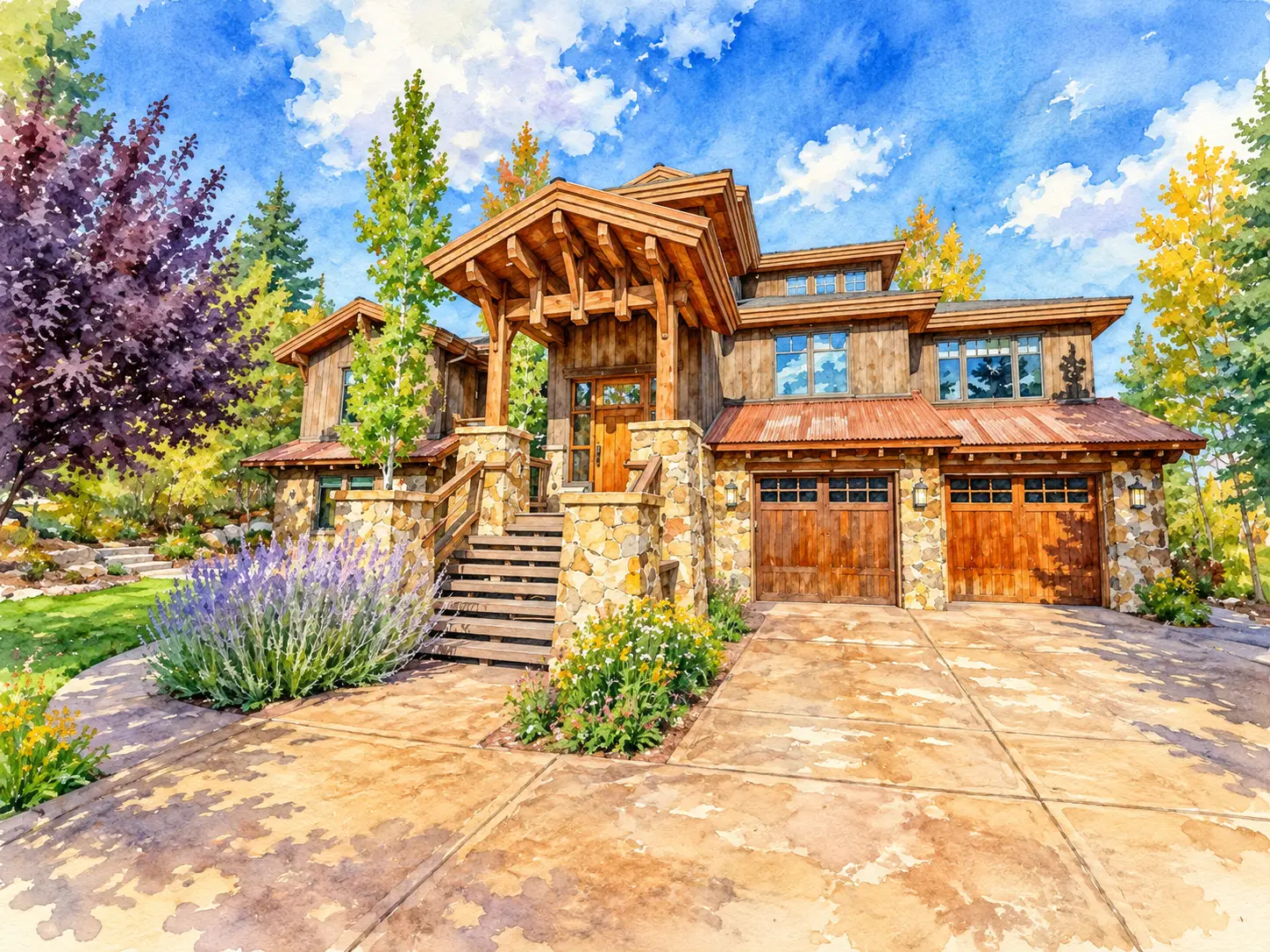 Watercolor illustration of the home at 3355 Sun Ridge Drive in Lower Deer Valley