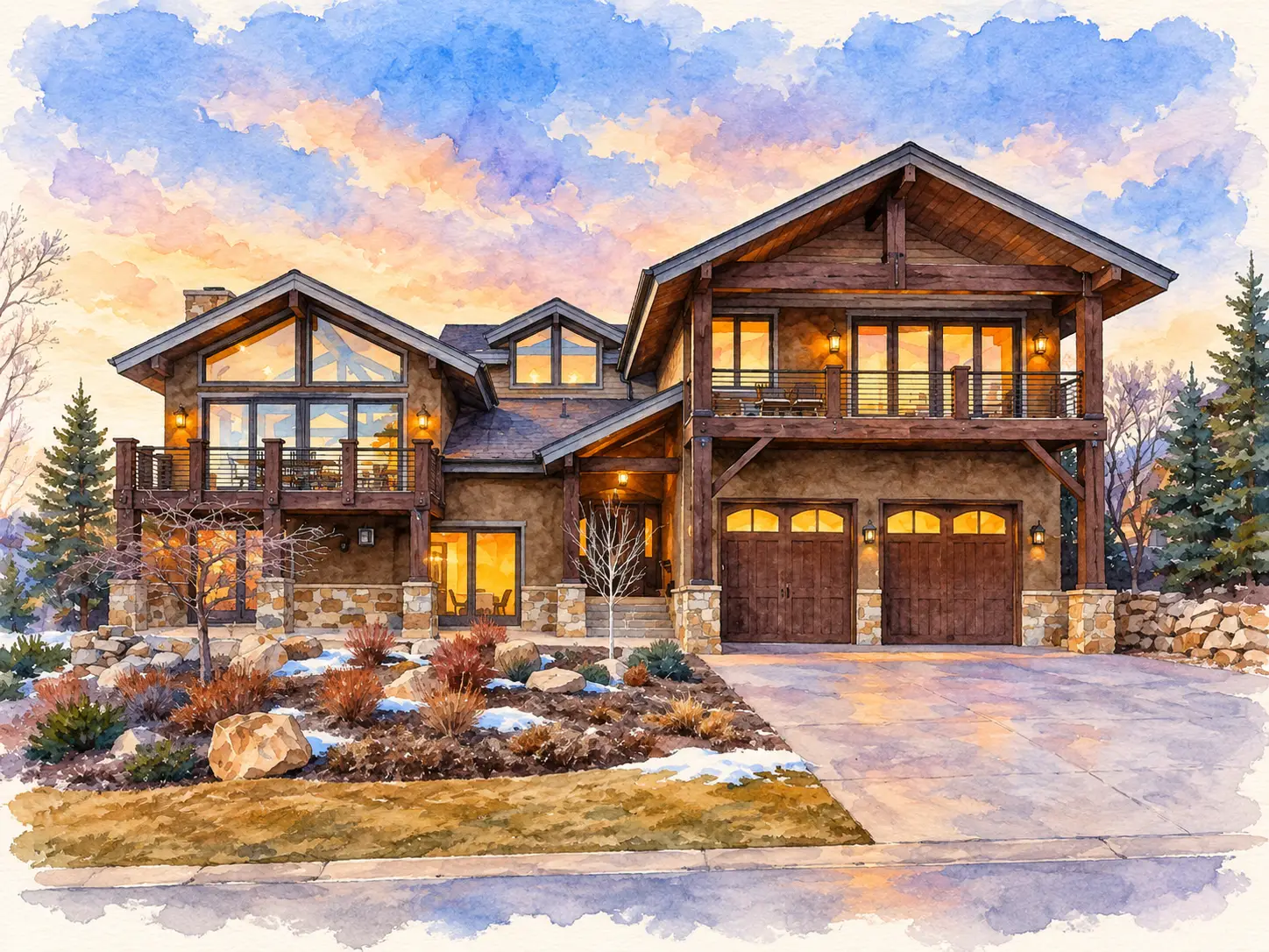 Watercolor illustration of the home at 3495 Sun Ridge Drive in Lower Deer Valley