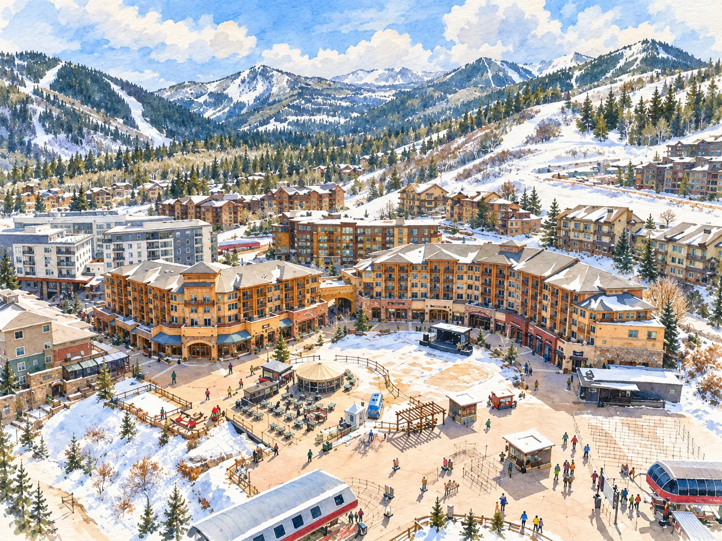 Watercolor illustration of Sundial Lodge and Canyons Village