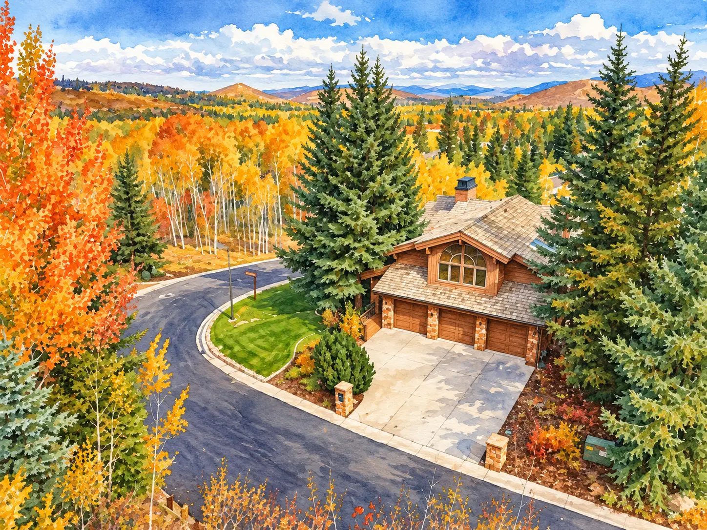 Watercolor illustration of 2335 Morning Star Drive in Thaynes Canyon, Park City