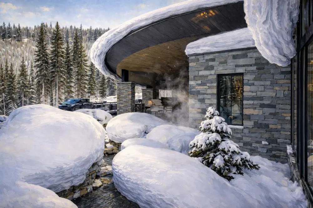 Contemporary mountain estate architecture in The Colony at White Pine Canyon with snow-covered patio and stonework in Park City Utah