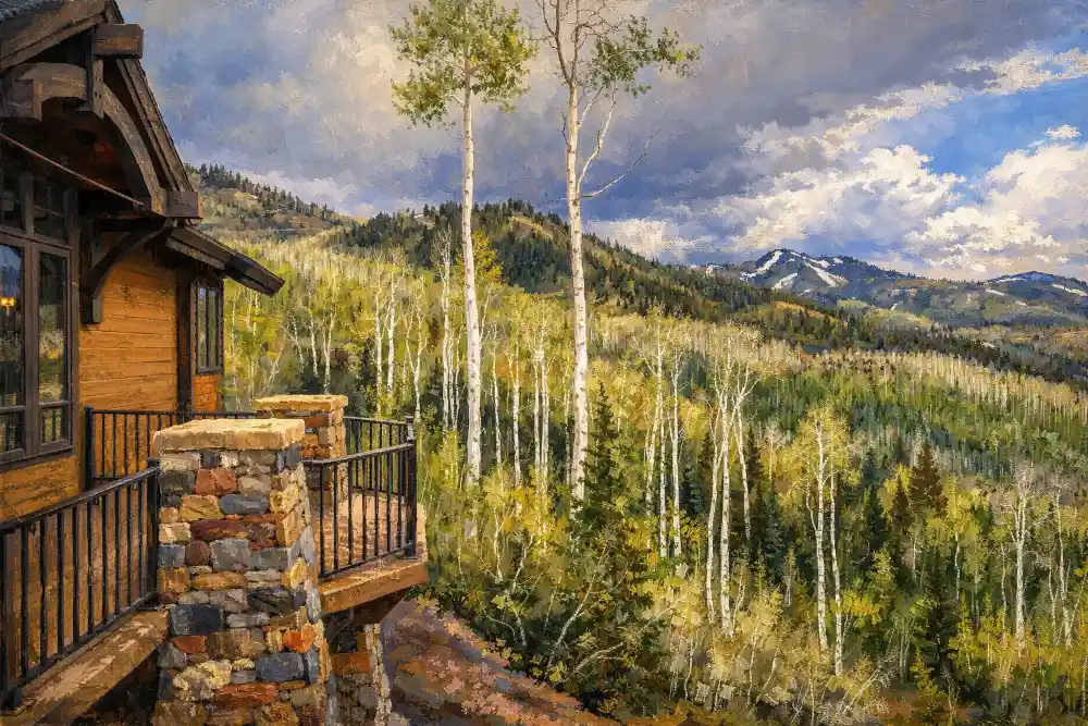 Luxury mountain home deck overlooking ski terrain and mature aspens in The Colony at White Pine Canyon, Park City Utah