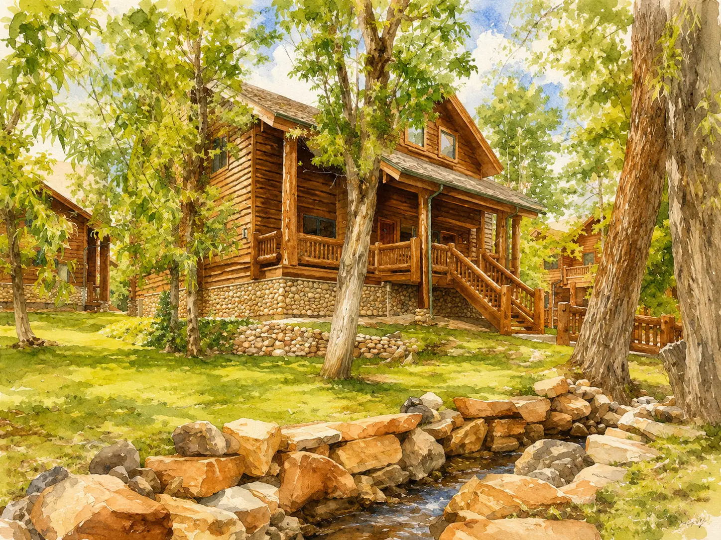 Watercolor illustration of Timber Wolf Lodges near Canyons Village