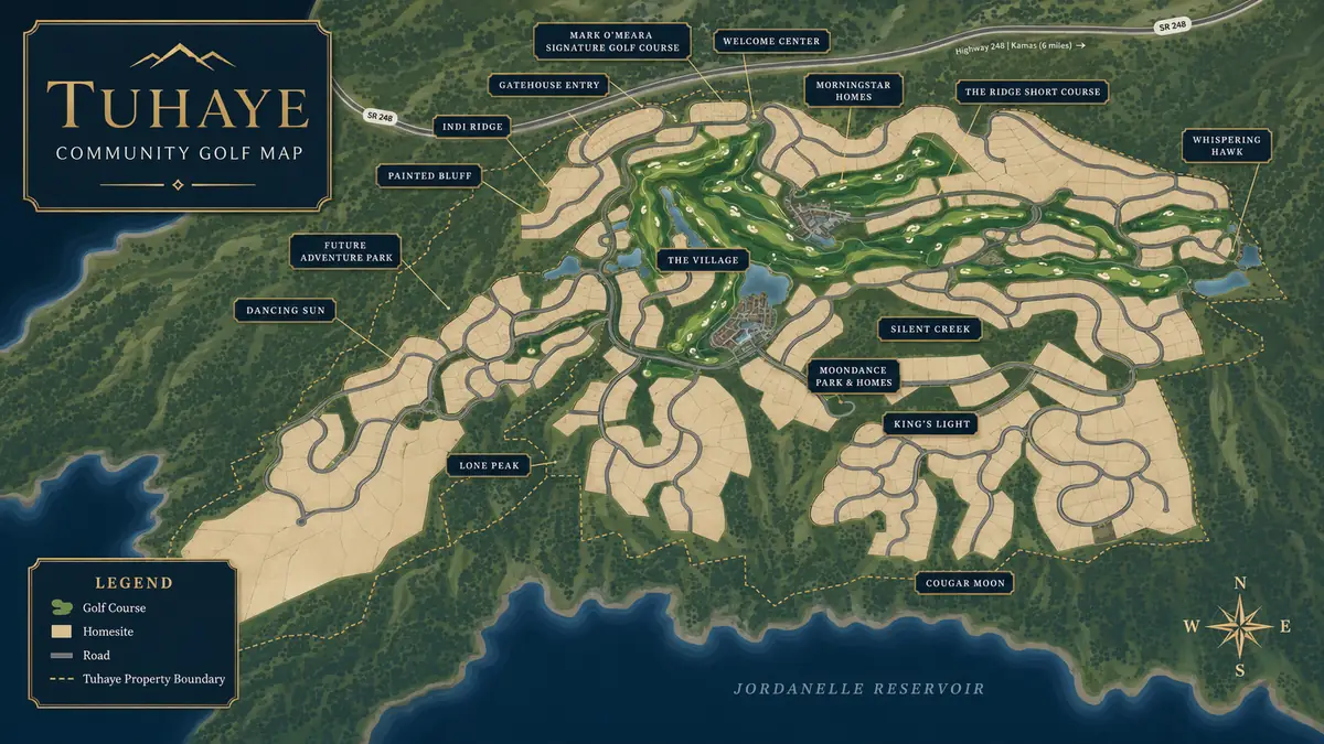 Tuhaye map showing the golf course, homesites, amenities, and Jordanelle Reservoir area
