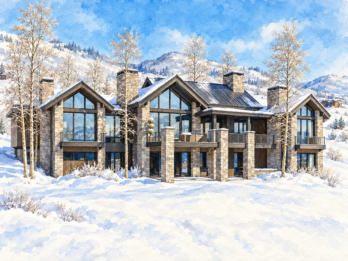 Watercolor illustration of the Velvaere residence at 10098 N Himmel Court in Deer Valley