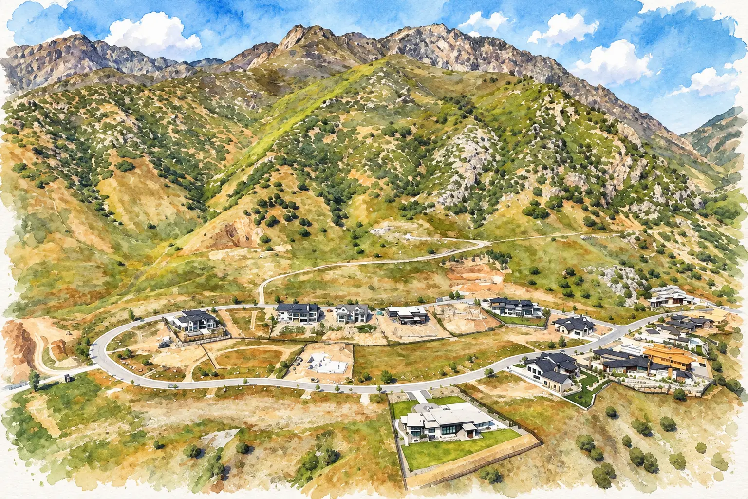 Watercolor illustration of the City View Drive homesite in Salt Lake City