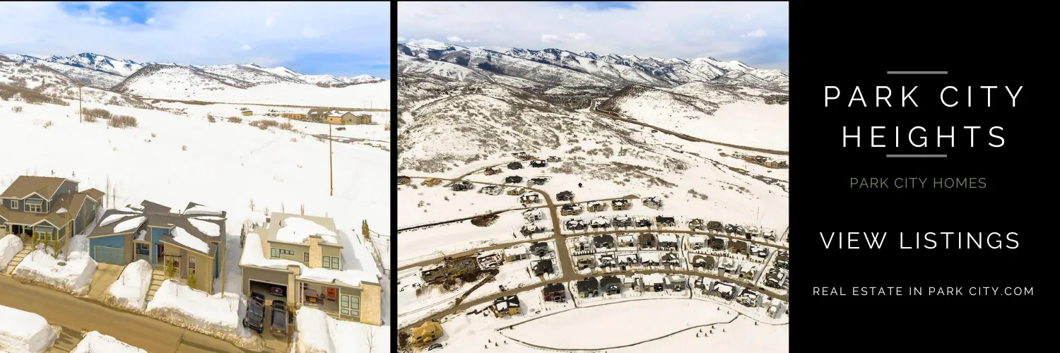 Aerial winter view of Park City Heights neighborhood in Park City, Utah, showcasing snow-covered modern homes and scenery.
